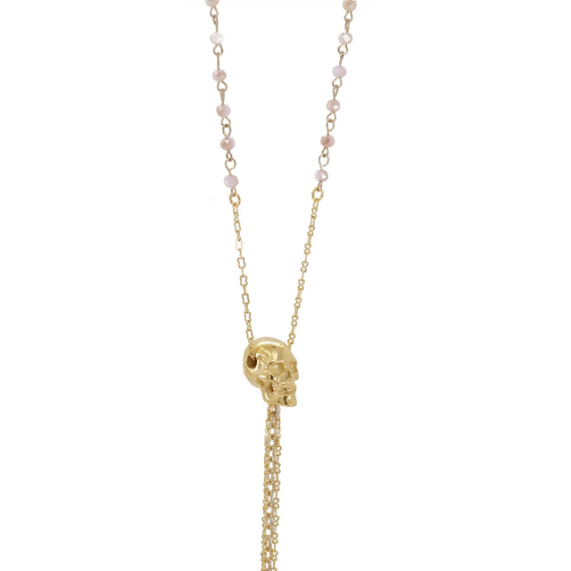 Gold hand sculpted Skull pendant, rose faceted beads, gold chain, gothic, pretty, delicate, Art Nouveau, hand sculpted