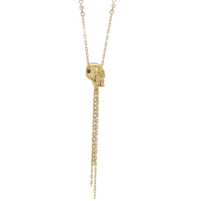 Gold hand sculpted Skull pendant, rose faceted beads, gold chain, gothic, pretty, delicate, Art Nouveau, hand sculpted