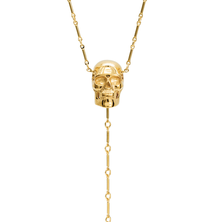 Skull necklace, surgical steel, 21k gold PVD, skull head, cranial detail, steel gold plated link chain, teeth, gothic, recycled steel, ethically created