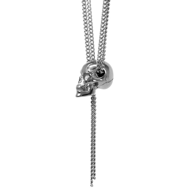 Skull necklace, surgical steel, silver tone, skull head, cranial detail, steel chain, teeth, gothic, recycled steel, ethically created