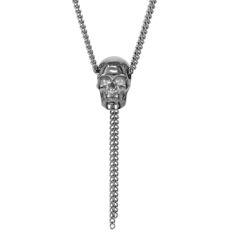 Skull necklace, surgical steel, silver tone, skull head, cranial detail, steel chain, teeth, gothic, recycled steel, ethically created